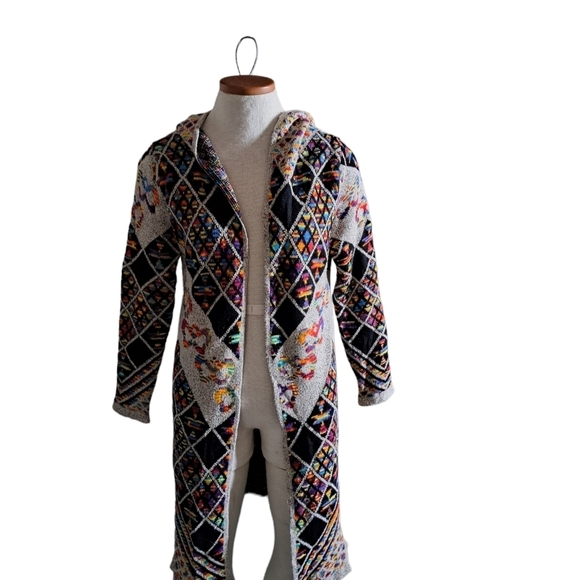 NORTHERN ANGEL Aztec Southwestern long open front cardigan duster hood sweater S - Picture 2 of 12